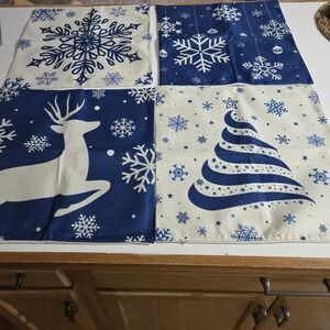 Festive Blue and Cream Holiday Winter Pillow Covers 18" Set Of 4